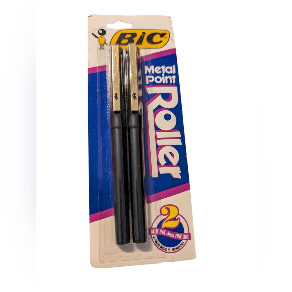 Vintage Bic Metal Point Roller Pens 1991 .4mm Fine Line Blue Ink  USA 2 Pack NIP